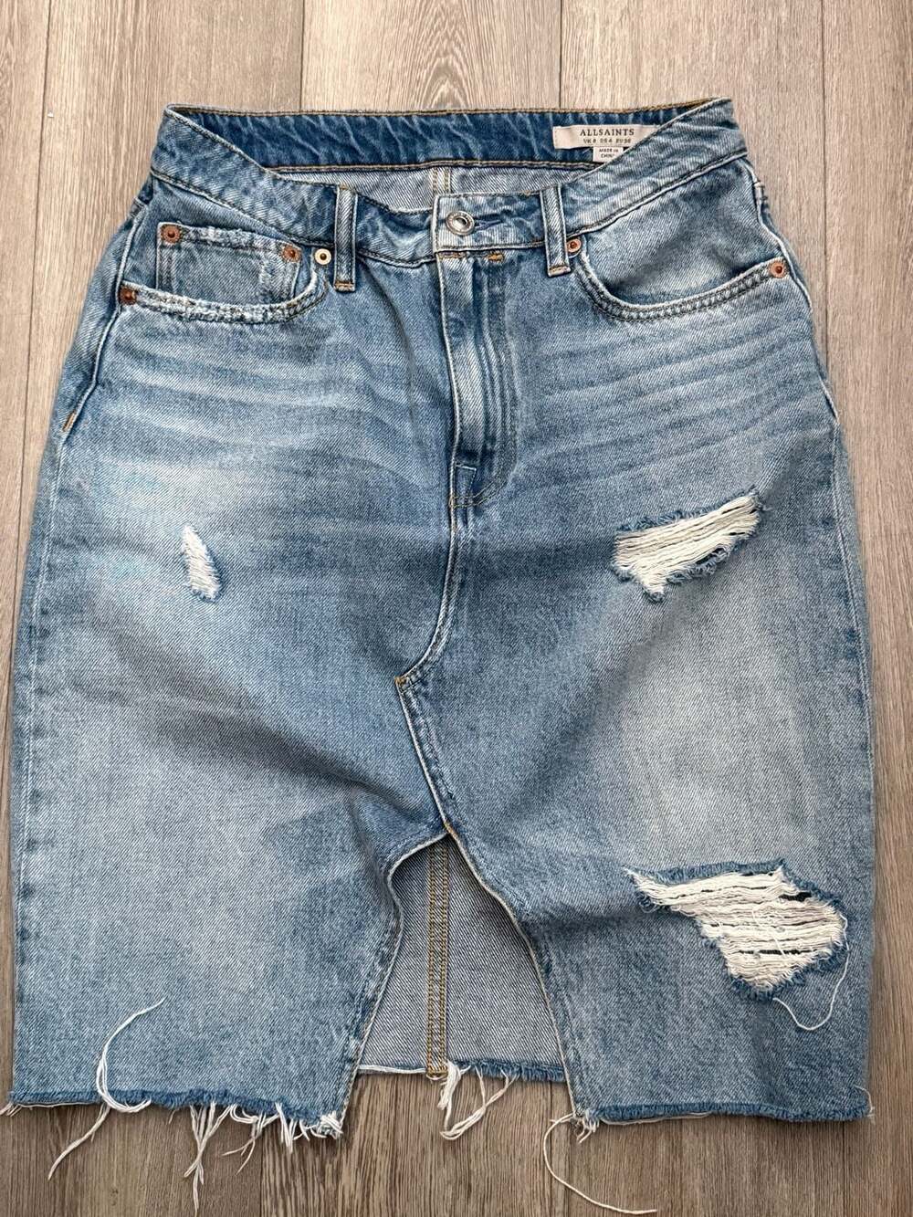 AllSaints Distressed Denim Skirt Light Wash Size US 4